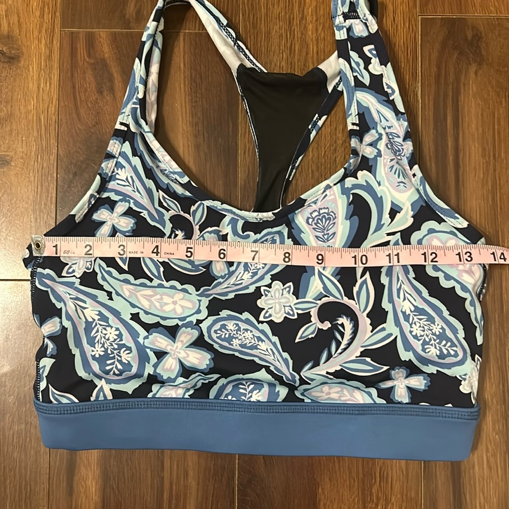 Blue Floral Sports Bra Mesh Back Medium Full Coverage Workout Bra w Inserts - Picture 7 of 9